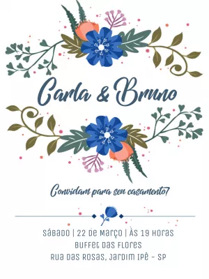 Convite de Casamento Floral Azul para Editar Online