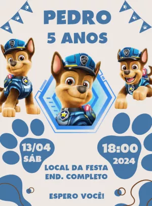 Convite Aniversário Patrulha Canina Chase para Editar Online