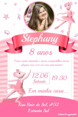 Convite Aniversário Angelina Bailarina com Foto para Editar
