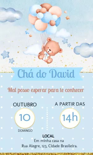 Convite Chá de Bebê Ursinho Baloeiro para Editar Online