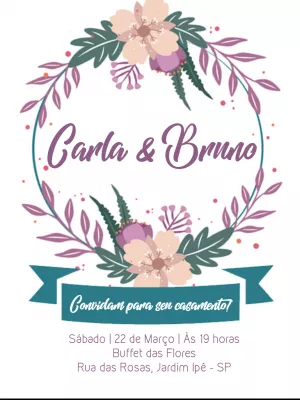 Convite de Casamento Floral Roxo com Guirlanda para Editar