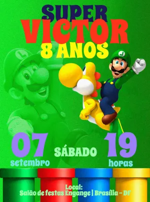 Convite Aniversário Luigi Tema Videogame para Editar Online