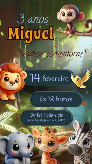 Convite Aniversário Safari Menino com Animais Fofos para Editar