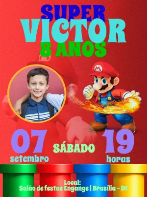 Convite Aniversário Super Mario com Foto para Editar Online