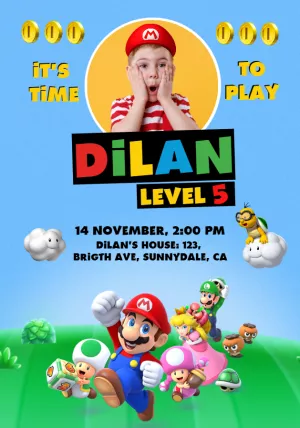 Editable Super Mario Birthday Invite with Photo Online