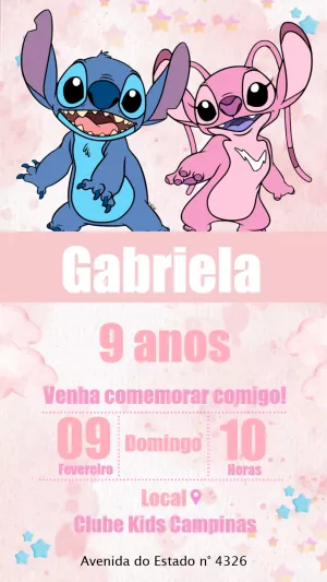 Convite de Aniversário Stitch e Angel Festa Rosa para Editar