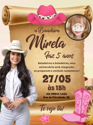 Convite Aniversário Boiadeira com Foto para Editar Online