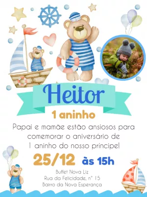 Convite Aniversário Ursinho Marinheiro com Foto para Editar