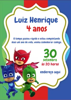Convite Aniversário PJ Masks com Heróis para Editar Online