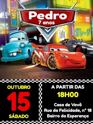 Convite de Aniversário Carros com Relâmpago McQueen para Editar
