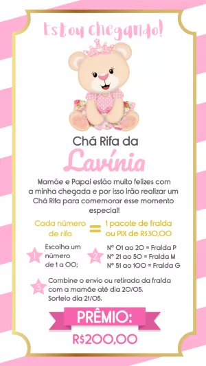 Convite Chá Rifa Ursinha Princesa para Editar Online