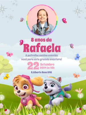 Convite Aniversário Patrulha Canina Rosa para Editar Online
