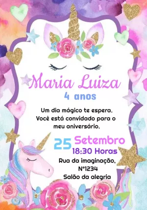 Convite de Aniversário Unicórnio Mágico para Editar Online