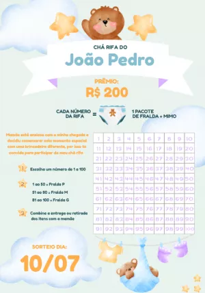 Convite Chá Rifa Ursinho Fofo para Editar Online