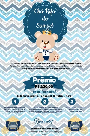 Convite Chá Rifa Ursinho Príncipe Azul para Editar Online