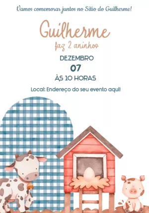 Convite Aniversário Fazendinha com Animais para Editar Online