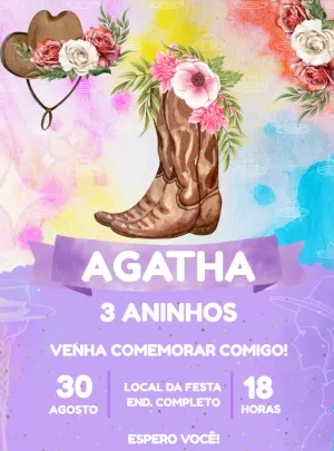 Convite Aniversário Boiadeira com Flores para Editar Online