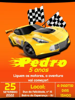 Convite Aniversário Carros de Corrida para Editar Online
