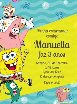 Convite Aniversário Bob Esponja com a Turma para Editar Online