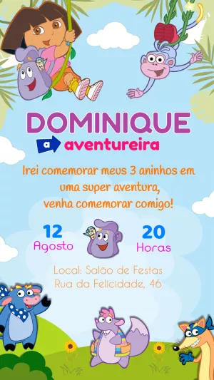 Convite de Aniversário Dora Aventureira para Editar Online