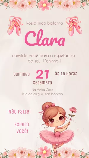 Convite Aniversário Bailarina Delicada para Editar Online