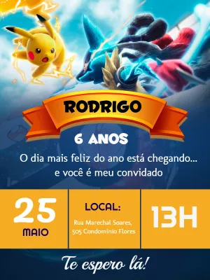 Convite Aniversário Pokémon com Personagens para Editar Online