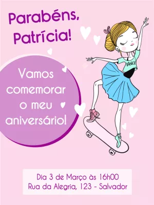 Convite Aniversário Bailarina Skatista para Editar Online