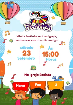Convite Aniversário 3 Palavrinhas para Editar Online