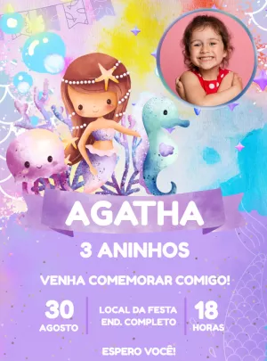 Convite Aniversário Sereia com Foto para Editar Online