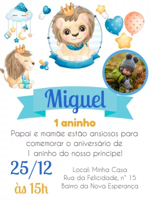 Convite de Aniversário Leãozinho com Foto para Editar Online