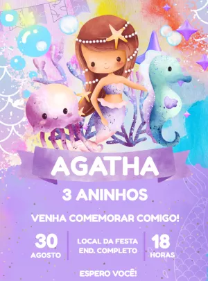 Convite Aniversário Sereia Lilás Aquarela para Editar Online