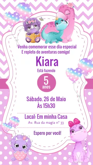 Convite Aniversário Dinossauro Baby Menina para Editar Online