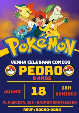 Convite de Aniversário Pokémon com Ash e Pikachu para Editar Online
