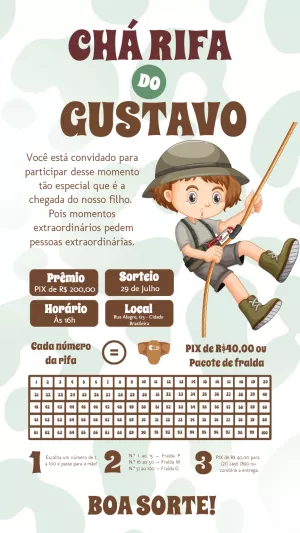 Convite Chá Rifa Menino Aventureiro para Editar Online