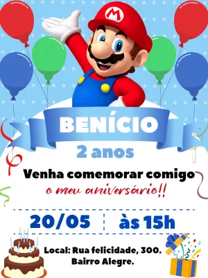 Convite de Aniversário Super Mario Azul para Editar Online