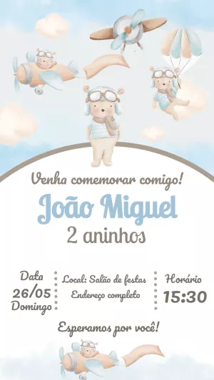 Convite de Aniversário Urso Aviador para Editar Online