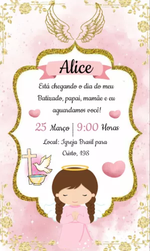 Convite de Batizado Menina Anjinha com Glitter para Editar
