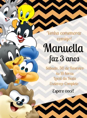 Convite Aniversário Looney Tunes Baby para Editar Online