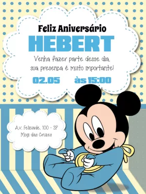 Convite Aniversário Mickey Baby para Editar Online