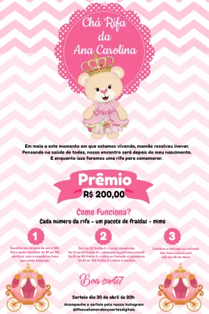 Convite Chá Rifa Ursinha Princesa para Editar Online