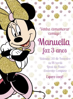 Convite Aniversário Minnie Mouse Glitter para Editar Online