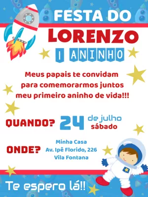 Convite de Aniversário Astronauta para Editar Online