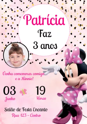 Convite Aniversário Minnie Rosa com Foto para Editar Online