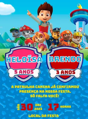 Convite Aniversário Duplo Patrulha Canina para Editar Online