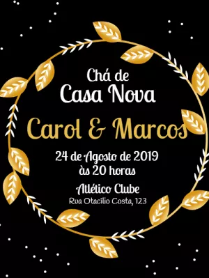 Convite Chá de Casa Nova Dourado e Preto para Editar Online