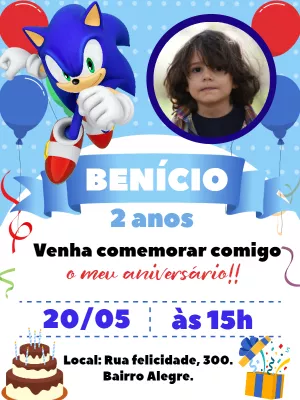 Convite Aniversário Sonic com Foto para Editar Online