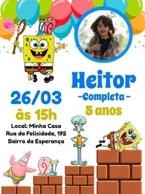 Convite Aniversário Bob Esponja com Foto para Editar Online