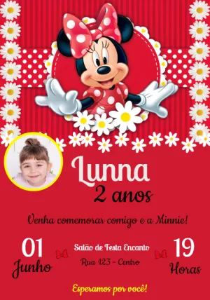 Convite Aniversário Minnie Vermelha com Foto para Editar Online