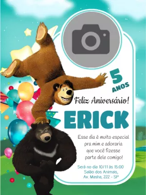 Convite de Aniversário Masha e o Urso com Foto Editável