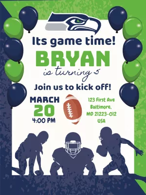 Editable Seahawks Themed Football Birthday Invitation